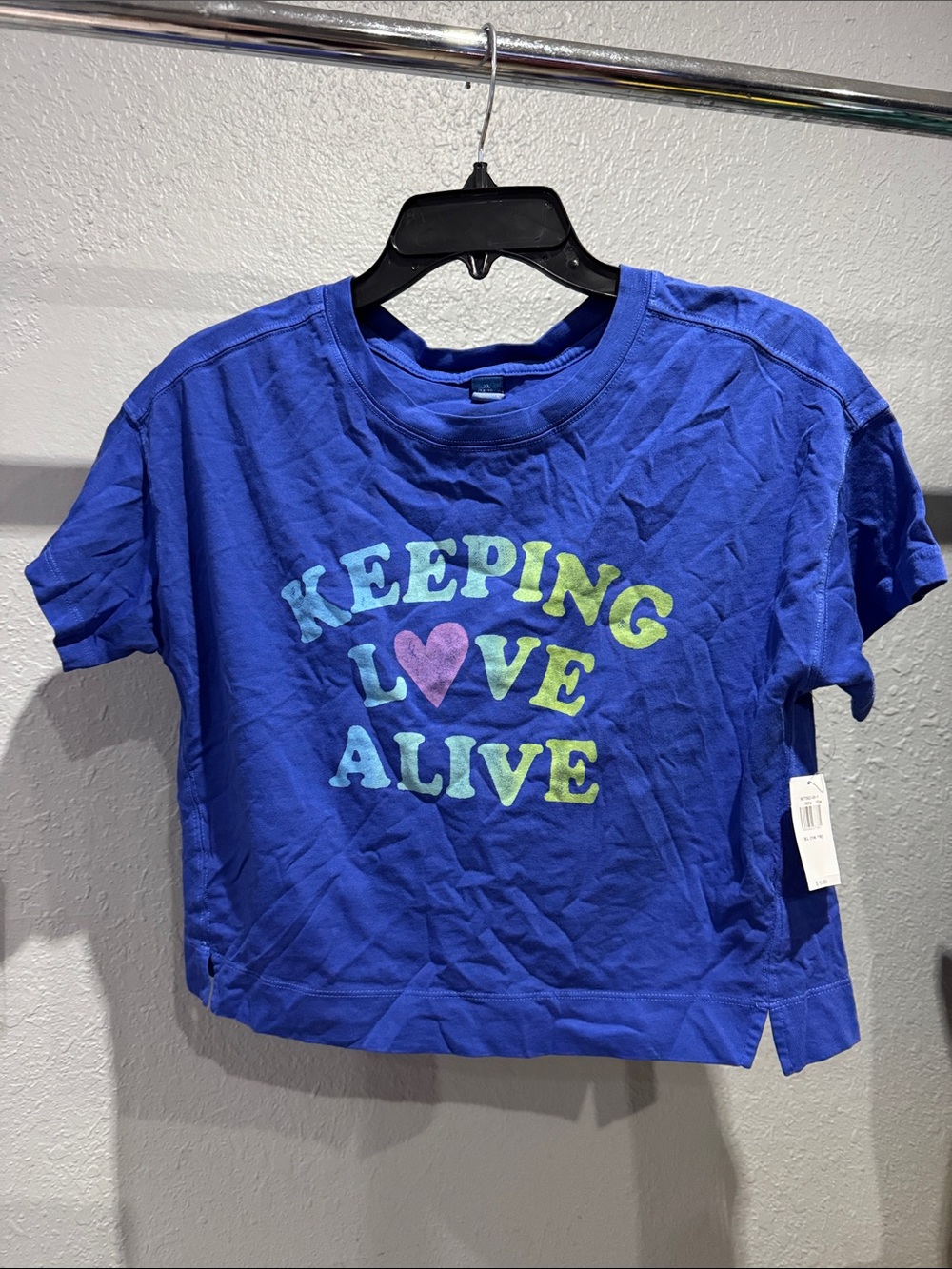 Old Navy Blue Graphic Tee with Multicolor 'Keeping Love Alive' Print
